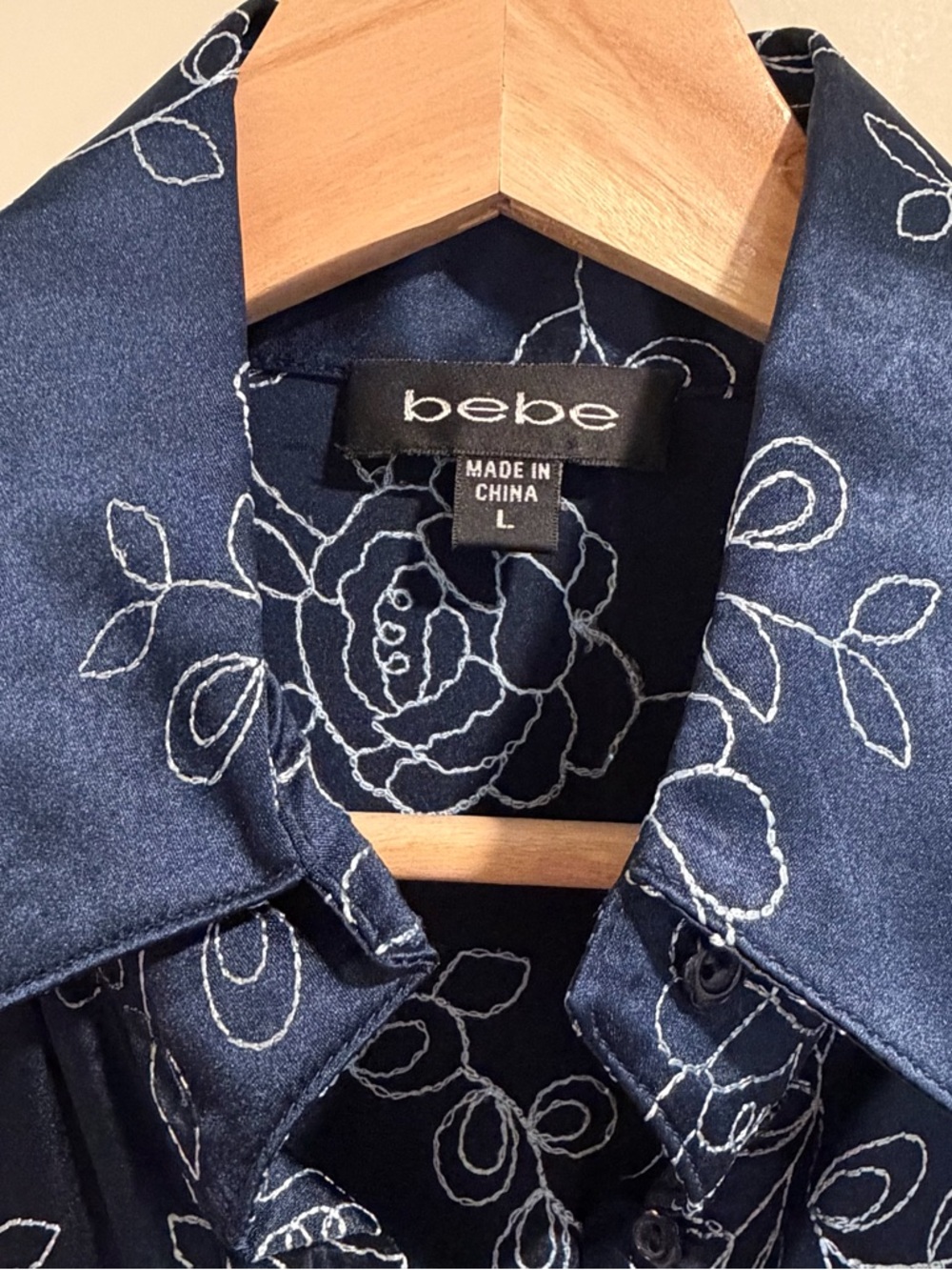 bebe Amanda Navy Floral Embroidered Stretch Silk Button-Down Shirt - Picture 6 of 11